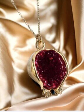 Jeweled Pomegranate Gold 925 Sterling Silver Fruit Unique Vintage Necklace